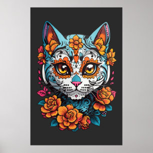 Cat Sugar Skull Halloween, Dia de los Muertos Poster
