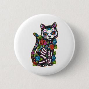 Cat Sugar Skull Mexico Calavera Dia De Los Muertos 6 Cm Round Badge