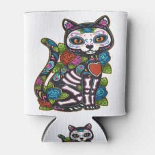 Cat Sugar Skull Mexico Calavera Dia De Los Muertos Can Cooler