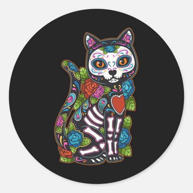 Cat Sugar Skull Mexico Calavera Dia De Los Muertos Classic Round Sticker (Front)