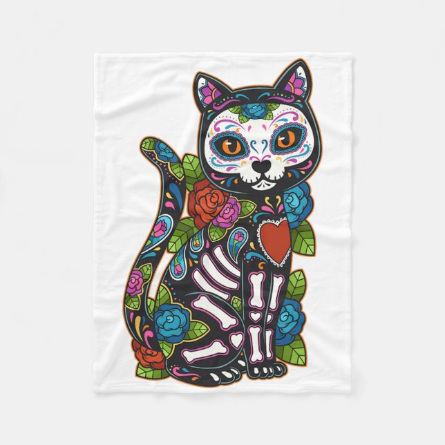 Cat Sugar Skull Mexico Calavera Dia De Los Muertos Fleece Blanket (Front)