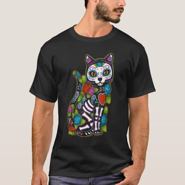 Cat Sugar Skull Mexico Calavera Dia De Los Muertos T-Shirt (Front)