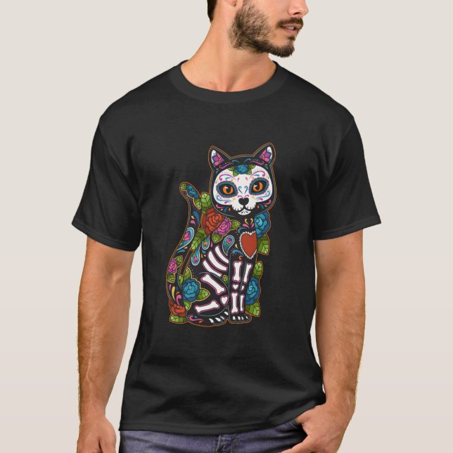 Cat Sugar Skull Mexico Calavera Dia De Los Muertos T-Shirt (Front)
