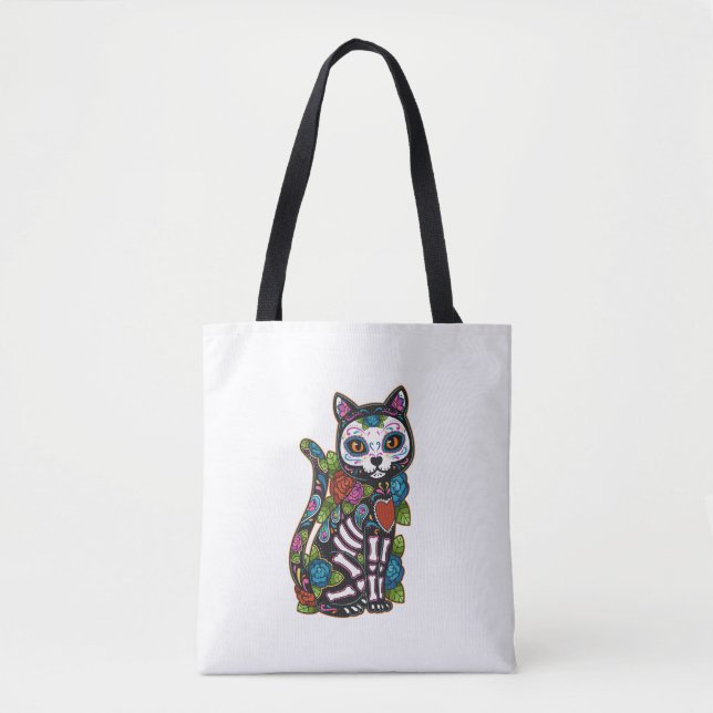 Cat Sugar Skull Mexico Calavera Dia De Los Muertos Tote Bag (Front)