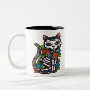 Cat Sugar Skull Mexico Calavera Dia De Los Muertos Two-Tone Coffee Mug