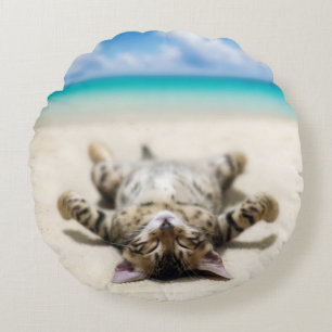 Cat Sunbathing at the Beach  Round Cushion