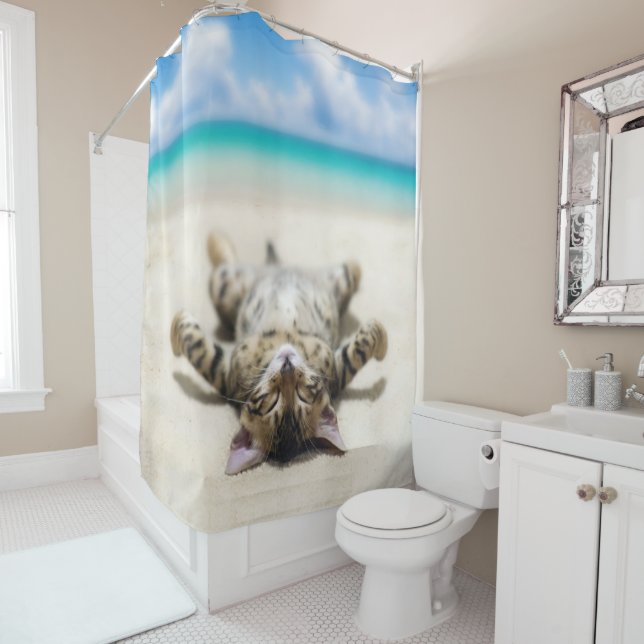 Cat Sunbathing at the Beach   Shower Curtain (In Situ)
