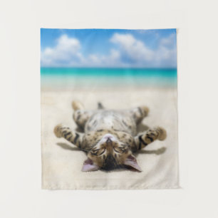 Cat Sunbathing at the Beach   Tapestry