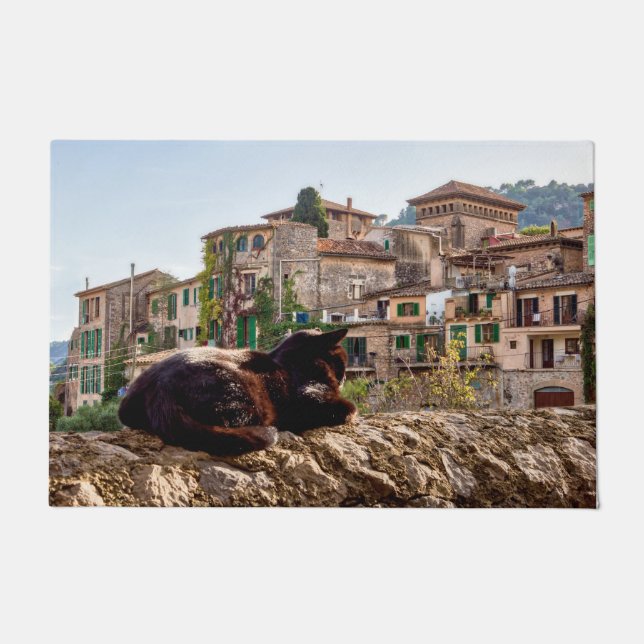 Cat sunbathing on a wall - Valldemossa, Mallorca Doormat (Front)