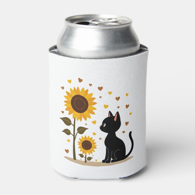 Cat Sunflower Christmas Tree Sun Flower Cat Lover  Can Cooler (Can Front)