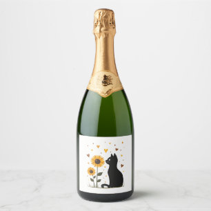 Cat Sunflower Christmas Tree Sun Flower Cat Lover  Sparkling Wine Label