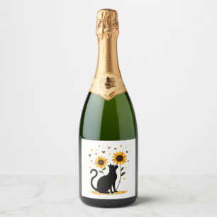 Cat Sunflower Christmas Tree Sun Flower Cat Lover  Sparkling Wine Label