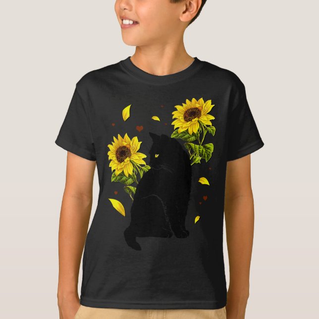 Cat Sunflower Christmas Tree Sun Flower Cat Lover  T-Shirt (Front)