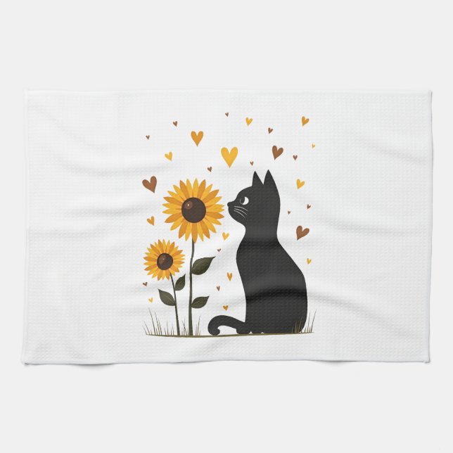 Cat Sunflower Christmas Tree Sun Flower Cat Lover  Tea Towel (Horizontal)