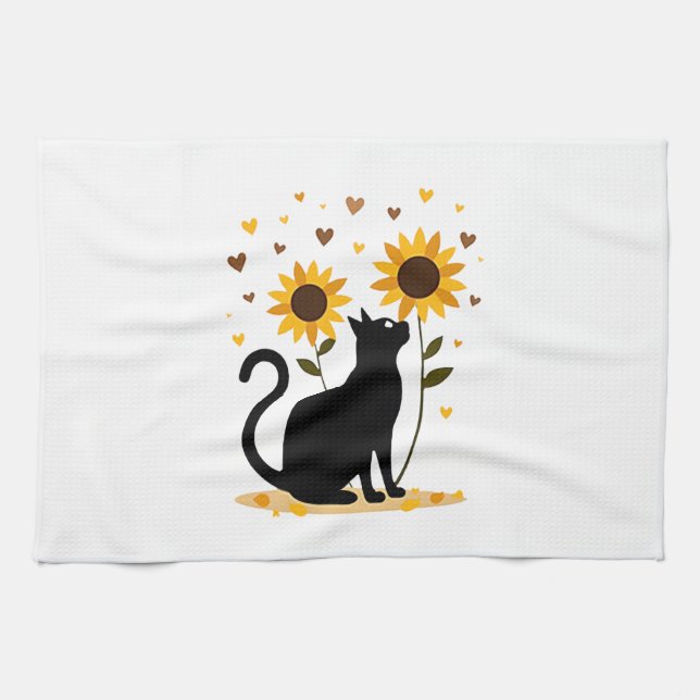 Cat Sunflower Christmas Tree Sun Flower Cat Lover  Tea Towel (Horizontal)