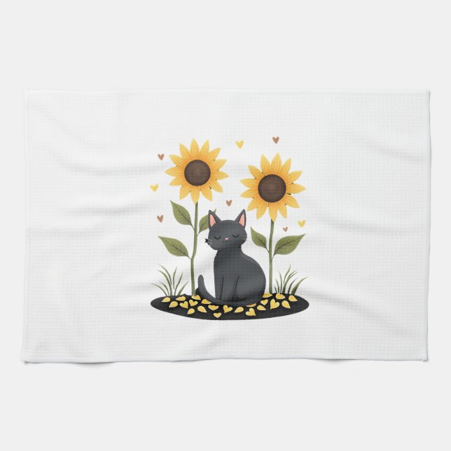 Cat Sunflower Christmas Tree Sun Flower Cat Lover  Tea Towel (Horizontal)