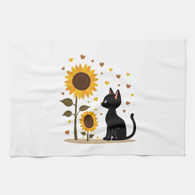 Cat Sunflower Christmas Tree Sun Flower Cat Lover  Tea Towel (Horizontal)