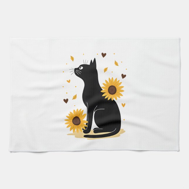 Cat Sunflower Christmas Tree Sun Flower Cat Lover  Tea Towel (Horizontal)