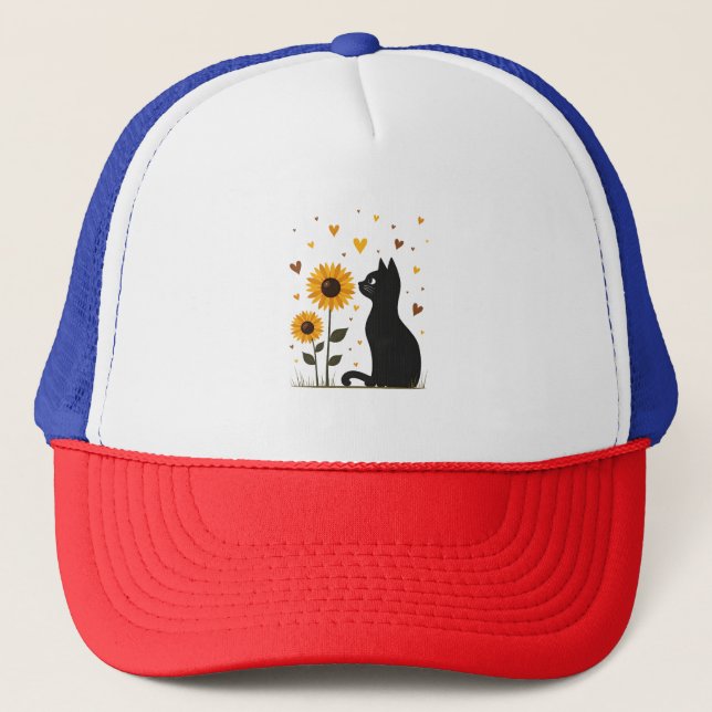 Cat Sunflower Christmas Tree Sun Flower Cat Lover  Trucker Hat (Front)