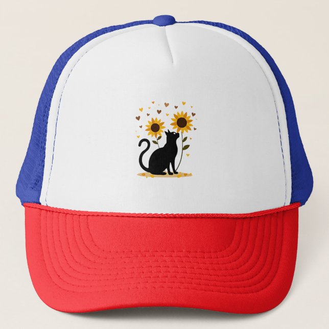 Cat Sunflower Christmas Tree Sun Flower Cat Lover  Trucker Hat (Front)