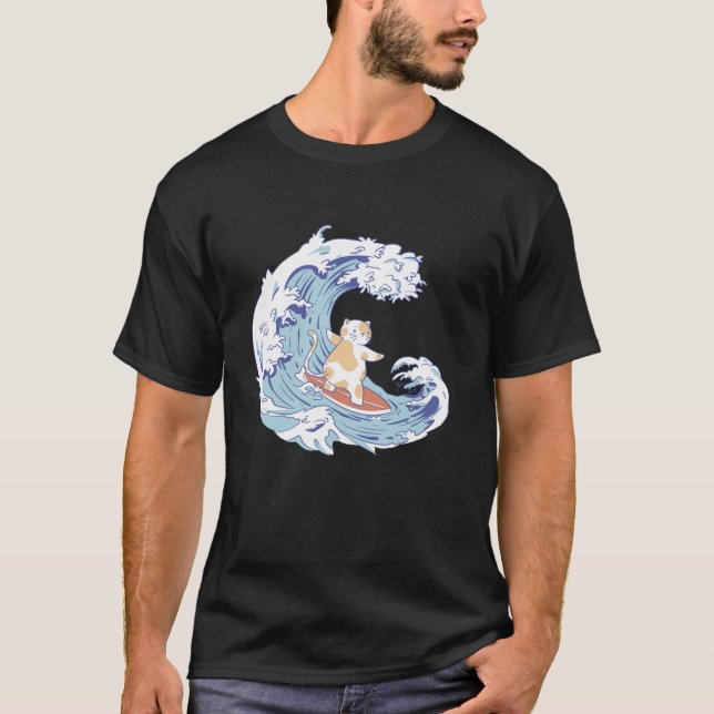 Cat Surfer ocean wave Kitty Retro Anime Japan T Sh T-Shirt (Front)