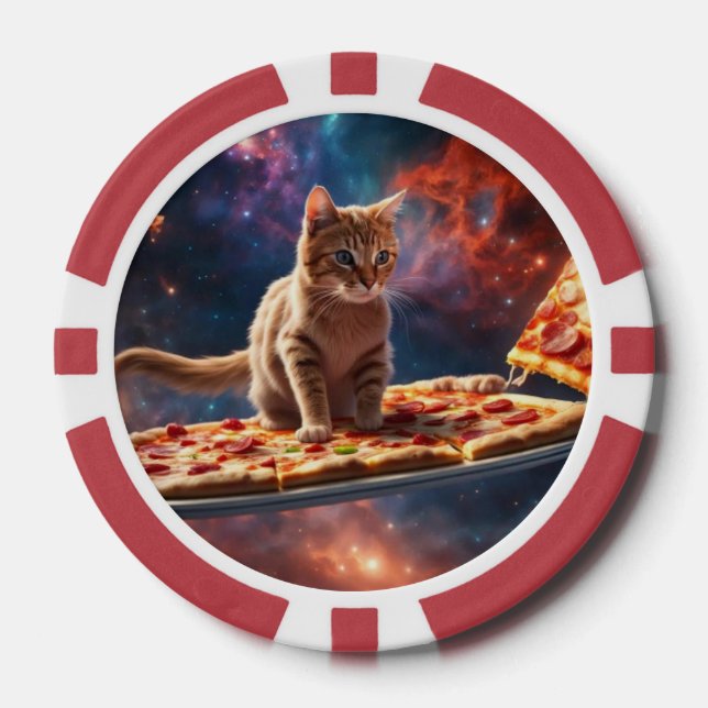 Cat surfing a pizza in the cosmos poker chips (Front)