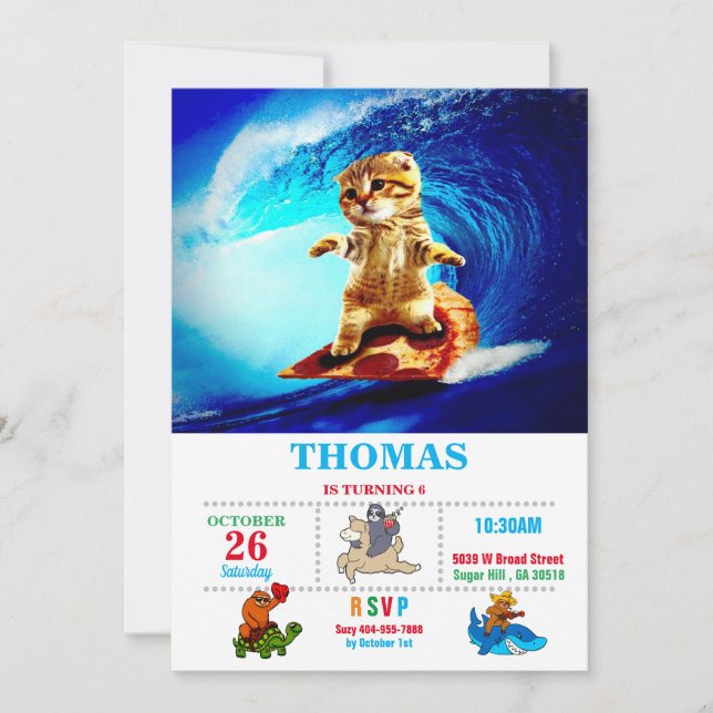 Cat Surfing Pizza Invitation (Front)