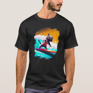 Cat Surfing Surfer Riding Wave Ocean Artistic Cool T-Shirt