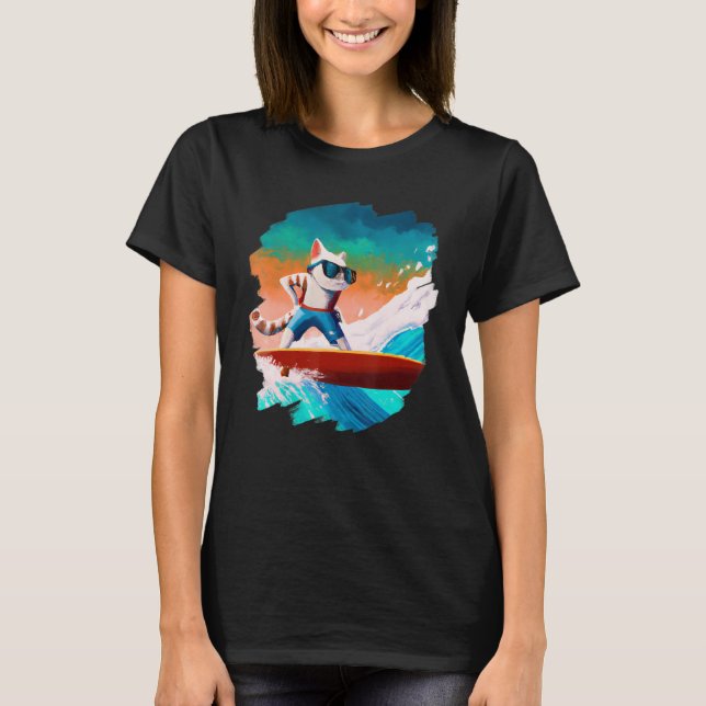 Cat Surfing Surfer Riding Wave Ocean Artistic Cool T-Shirt (Front)
