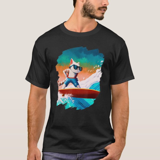 Cat Surfing Surfer Riding Wave Ocean Artistic Cool T-Shirt (Front)