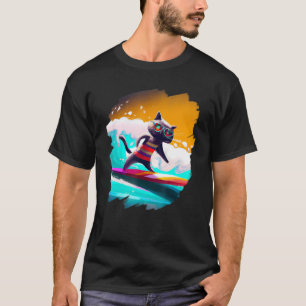 Cat Surfing Surfer Riding Wave Ocean Artistic Cool T-Shirt