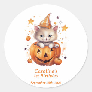 Cat Surprise in a Pumpkin: Birthday Party Sticker