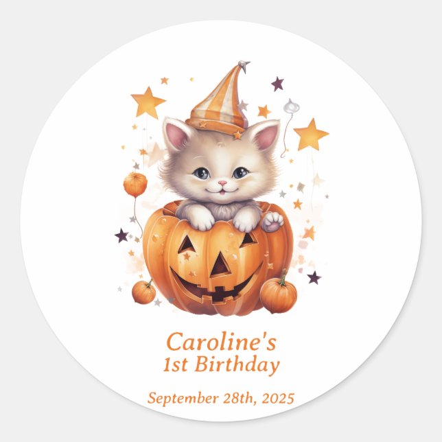 Cat Surprise in a Pumpkin: Birthday Party Sticker (Front)