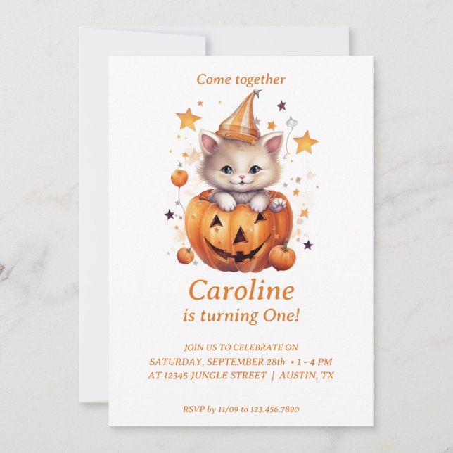 Cat Surprise in Pumpkin: Birthday Party Invitation (Front)