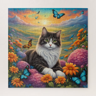 Cat Surrounded by Flowers and Butterflies Jigsaw Puzzle