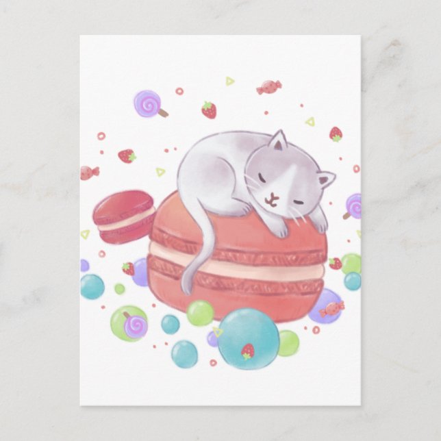 Cat & Sweets Illustration Postcard (Front)