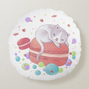 Cat & Sweets Illustration Round Cushion
