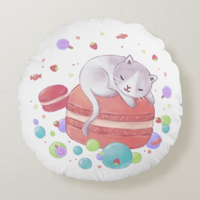 Cat & Sweets Illustration Round Cushion (Front)