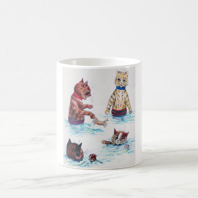 Cat Swimming at The Beach., Louis Wain Coffee Mug (Center)