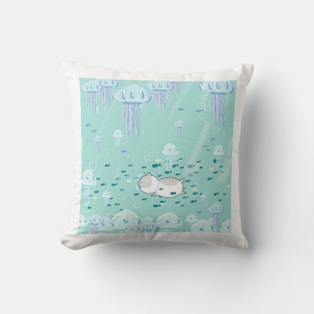 cat swimming with fish and jellyfish cushion (Front)
