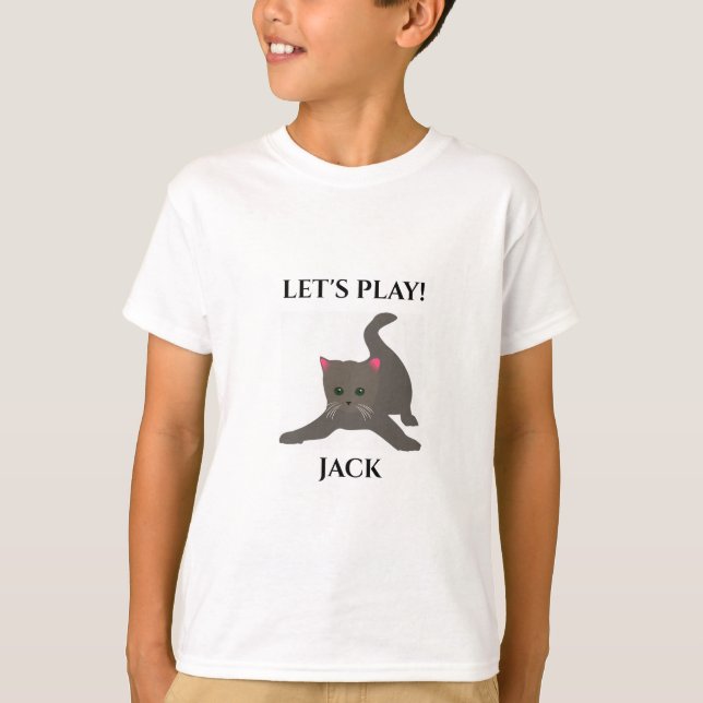 Cat T-SHIRT, personalised name, "LET'S play'. T-Shirt (Front)