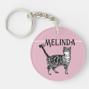 Cat Tabby Pastel Cats Kids Girls Light Pink Badge Key Ring