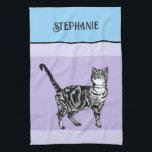 Cat Tabby Pastel Cats Womens Light Blue Purple Tea Towel<br><div class="desc">Cute Tabby Cat Pastel Purple Lavender Colours Pattern Kids Girls/Boys Kitchen Apron,  with a fully customisable name. Designed from my original cat illustration.</div>