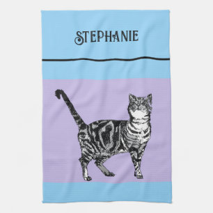 Cat Tabby Pastel Cats Womens Light Blue Purple Tea Towel
