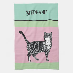 Cat Tabby Pastel Cats Womens Light Green Pink Tea Towel