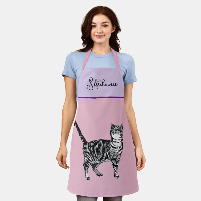 Cat Tabby Pastel Cats Womens Light Pink Lavander Apron (Worn)