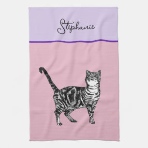 Cat Tabby Pastel Cats Womens Light Pink Lavander Tea Towel