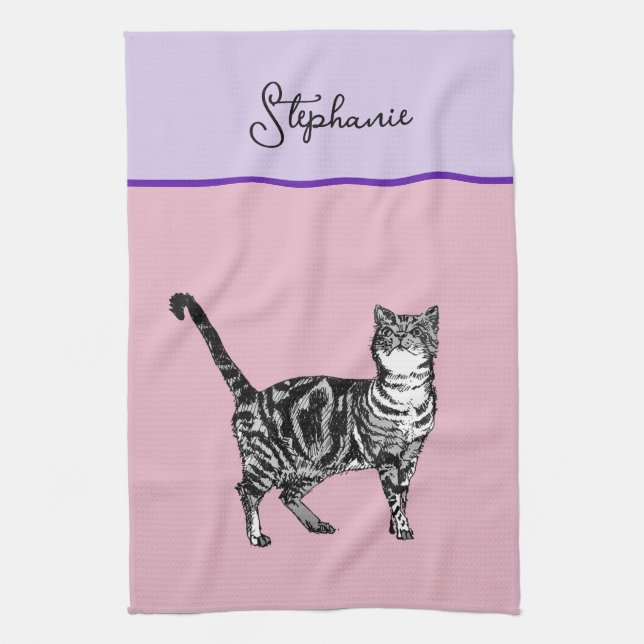 Cat Tabby Pastel Cats Womens Light Pink Lavander Tea Towel (Vertical)