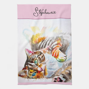Cat Tabby Pastel Cats Womens Rose Pink Pets Tea Towel