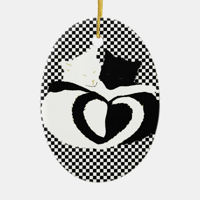 CAT tails - love black white Ceramic Tree Decoration (Front)